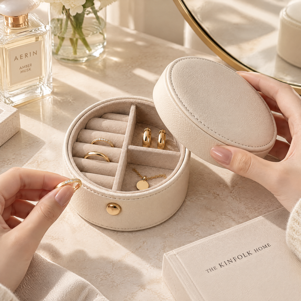 Round Cream Jewelry Organizer Box