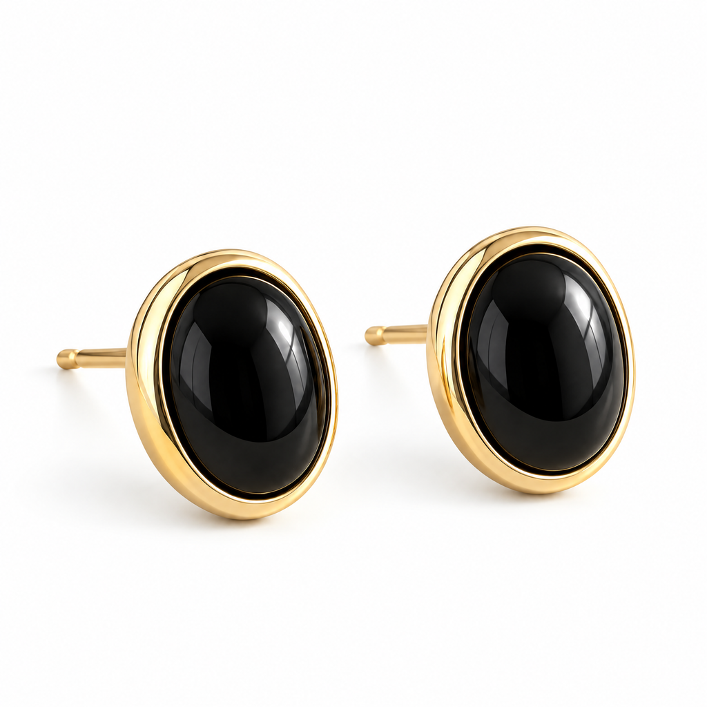 Black Oval Gold-Tone Stud Earrings