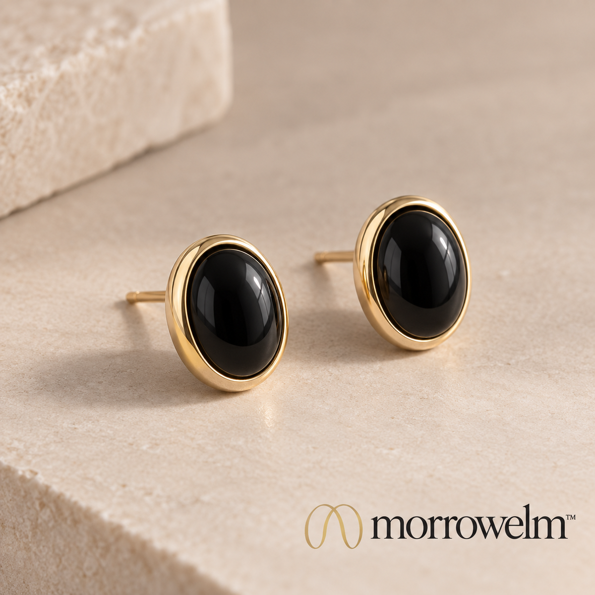 Black Oval Gold-Tone Stud Earrings