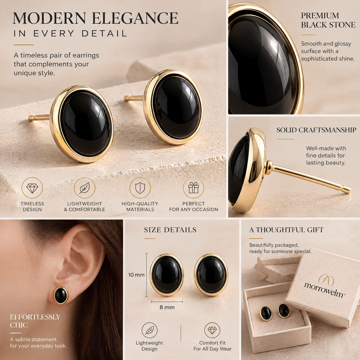 Black Oval Gold-Tone Stud Earrings