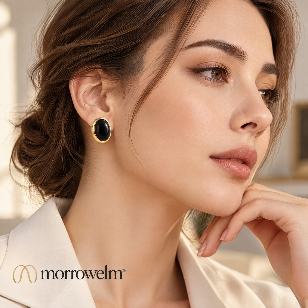 Black Oval Gold-Tone Stud Earrings