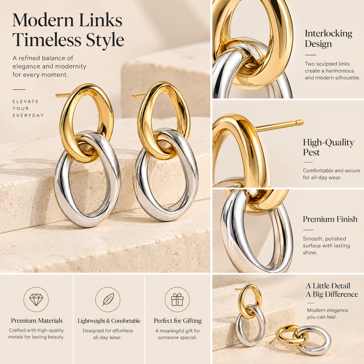 Two-Tone Interlocking Drop Earrings